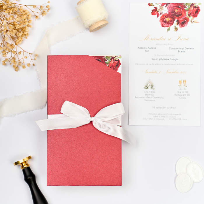 Invitație de nuntă cu trandafiri roșii și panglică albă [2]