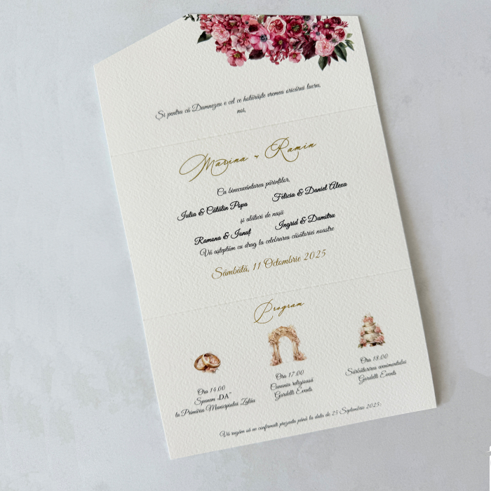 invitație de nuntă florală magenta cu sigiliu roz pe carton ivory [2]