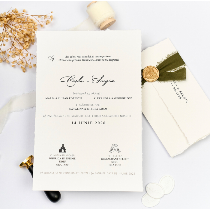 Invitație nuntă modernă și elegantă cu panglică de mătase și sigiliu [2]