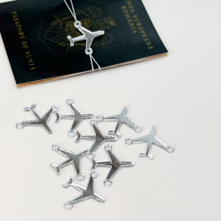 Accesorii - Avion plexiglass argintiu, accesoriu invitații nuntă pasaport, decor travel argintiu
