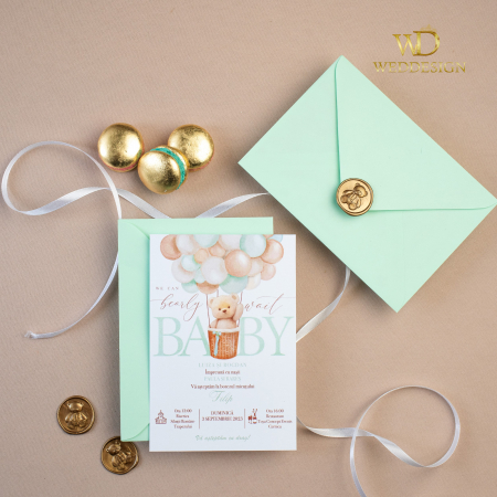 BOTEZ - Invitatie botez ursulet baloane verzi