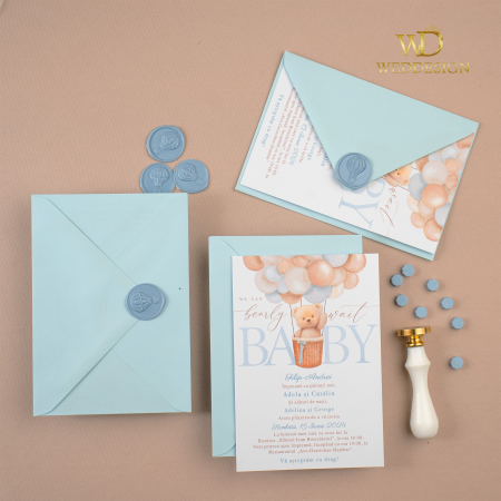 BOTEZ - Invitatie de botez ursulet baloane albastre