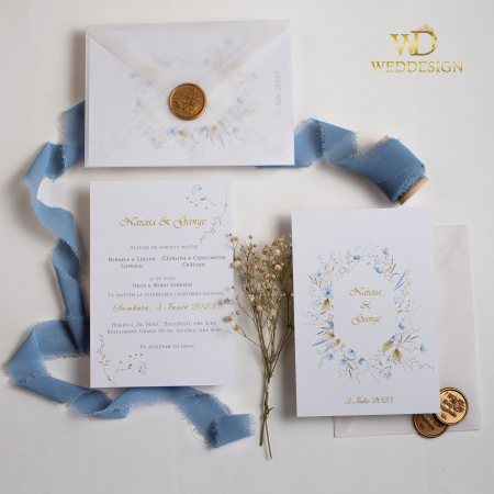 Colectia invitatii florale - Invitatie de nunta cu flori albastre