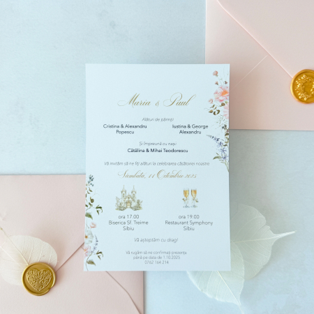 Invitatii nunta - invitație de nuntă elegantă cu flori roz pastel și plic roz pal