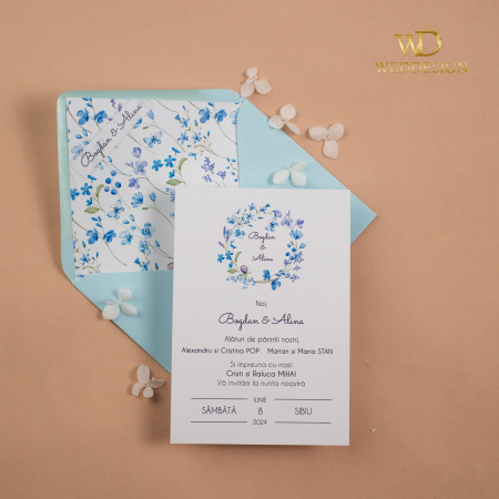 Colectia invitatii florale - Invitatie nunta albastru prafuit
