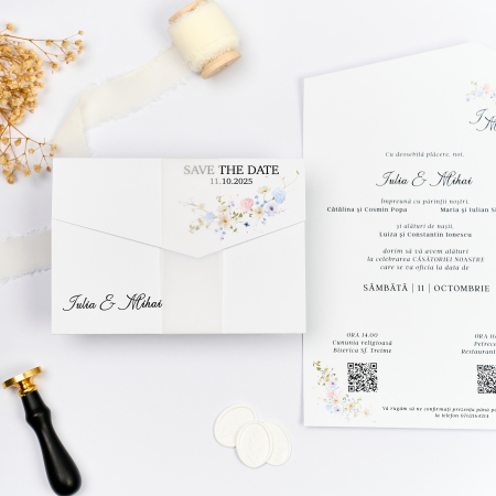 NUNTA - Invitație de nuntă modernă și diferită cu design floral discret