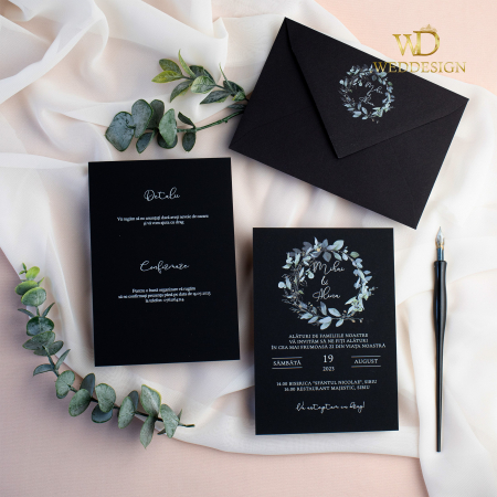 Colectia invitatii florale - Invitatie nunta soft-touch Greenery black