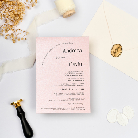 NUNTA - nvitație de nuntă roz sidefat minimalistă cu sigiliu auriu