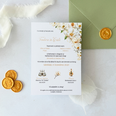 Invitatii nunta - invitatie nunta eleganta cu flori de magnolie albe