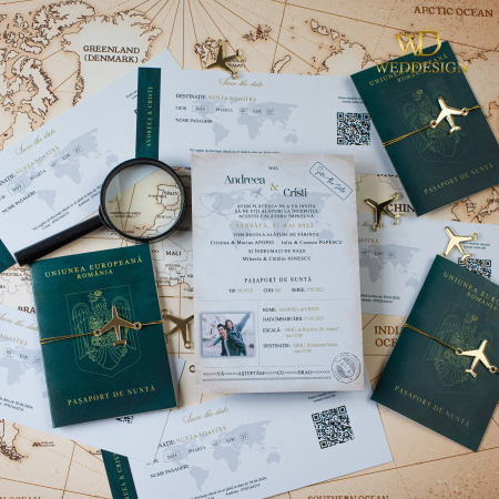 Colectia invitatii moderne - Invitatie de nunta pasaport verde smarald