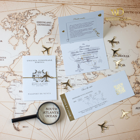 Colectia Invitatii Luxury - Invitatie de nunta Pasaport auriu cu folio