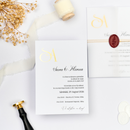 NUNTA - Invitație de nuntă minimalistă cu folio auriu și sigiliu de ceară