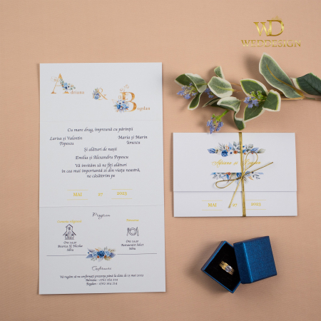 Colectia invitatii florale - Invitatie de nunta evantai albastru prafuit