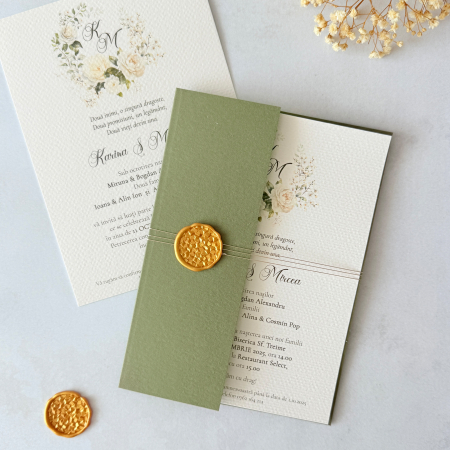 Invitatii nunta - invitație de nuntă Garden Roses cu plic verde salvie, flori acuarelă și sigiliu din ceară auriu