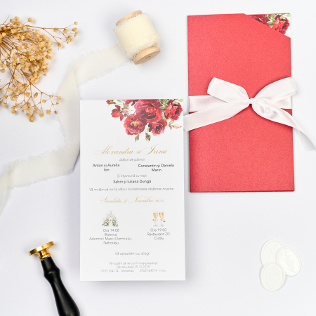 NUNTA - Invitație de nuntă cu trandafiri roșii și panglică albă
