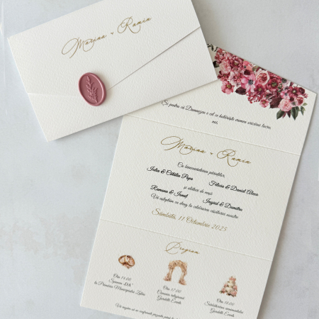 Invitatii nunta - invitație de nuntă florală magenta cu sigiliu roz pe carton ivory