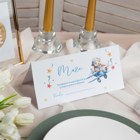 Plicuri de bani/ Placecard botez - Plic de bani pentru botez ursulet cu avion albastru