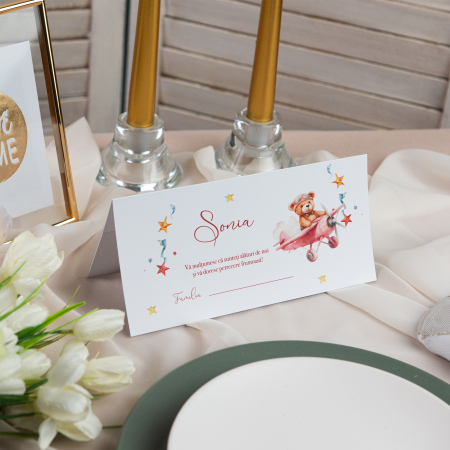 Plicuri de bani/ Placecard botez - Plic de bani pentru botez ursulet cu avion roz