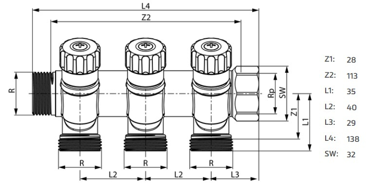 Distribuitor 3 cai x Ø 16mm x 3/4" TECEflex din alama cu robineti [2]