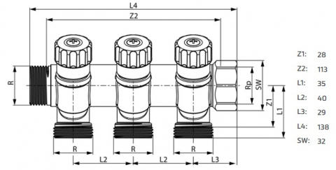 Distribuitor 3 cai x Ø 16mm x 3/4" TECEflex din alama cu robineti [1]