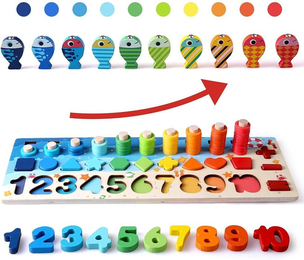 Jucarie Montessori din Lemn pentru Copii - Puzzle cu Numere, Sortator de Forme, Set de Stivuire [6]
