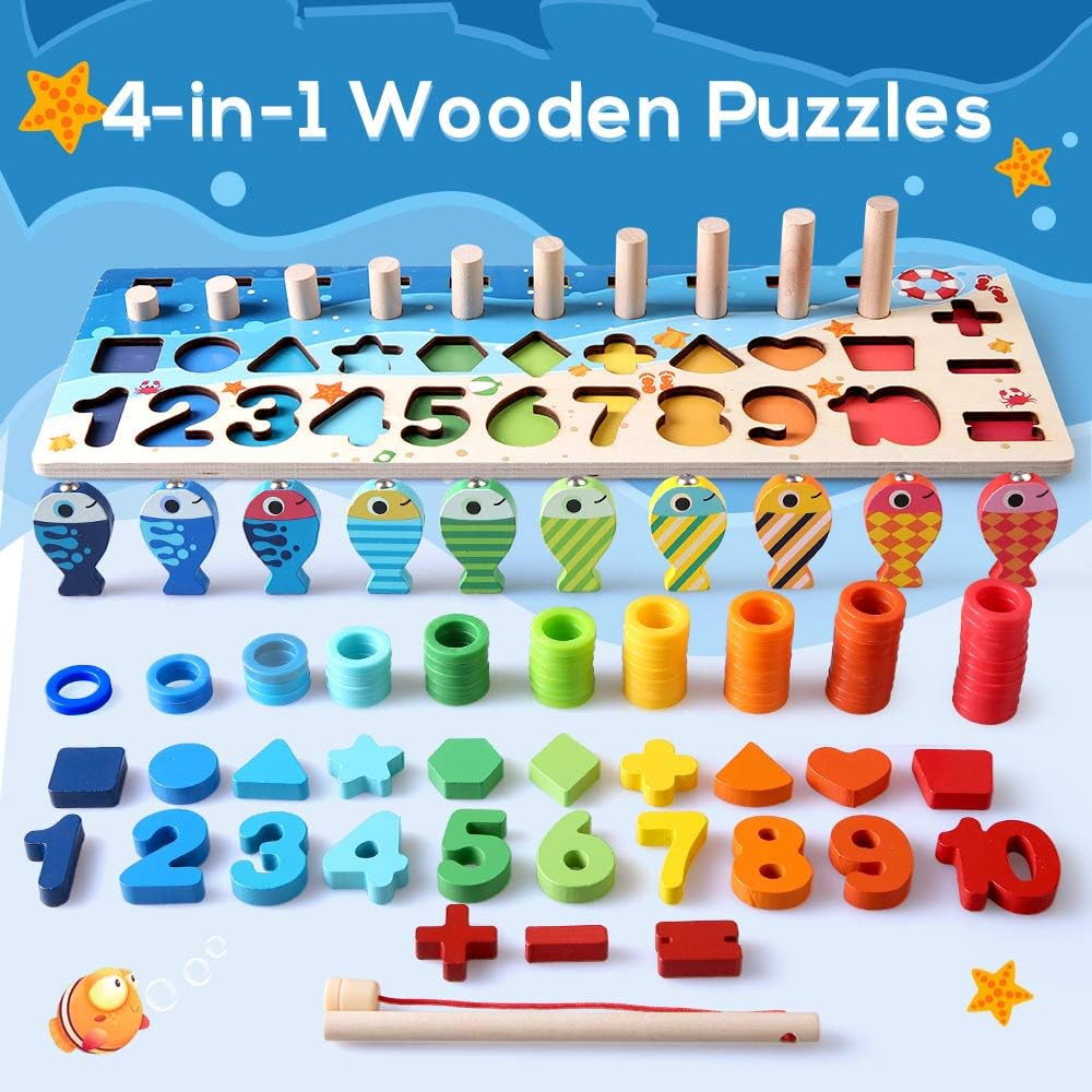 Jucarie Montessori din Lemn pentru Copii - Puzzle cu Numere, Sortator de Forme, Set de Stivuire [9]