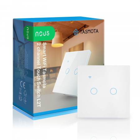 Outlet - Intrerupator inteligent Nous L2T, cu Tasmota preinstalat, 2 canale, Touchscreen, Alb