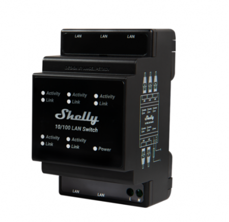 Relee smart - Shelly LAN Switch, cu 5 porturi, 10/100mbps, compatibil SINA DIN