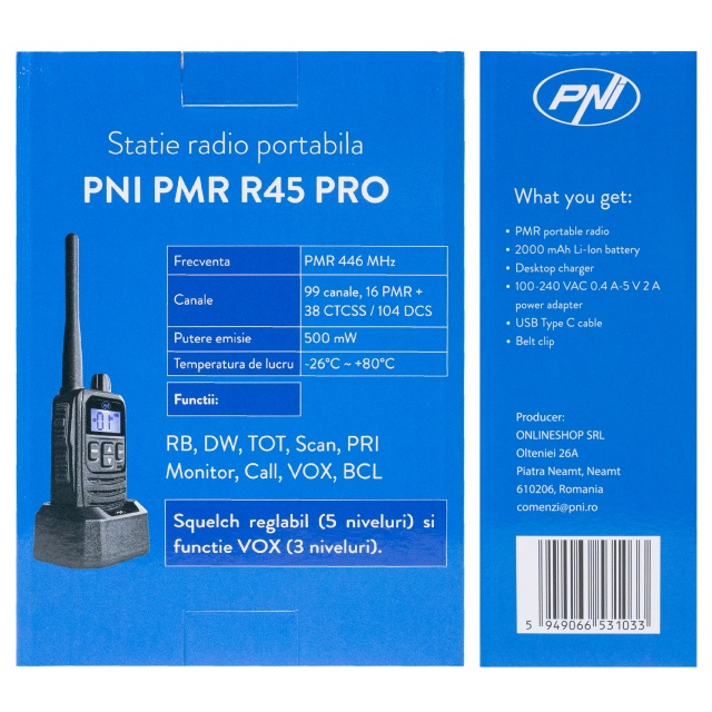 Statie radio portabila PNI PMR R45 PRO 446MHz, 0.5W, 99 canale programabile, 16 PMR si tonuri 38 CTCSS si 104 DCS, Squelch 5 niveluri, VOX, TOT, BCL, Scan, Roger Beep [7]