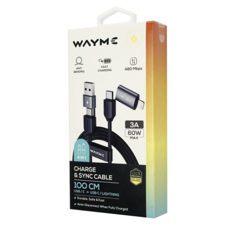 Cablu de încărcare și sincronizare WAYNE din microfibră împletită, 100 cm (4 în 1) USB / C > USB-C / Lightning, max. 60W [3]