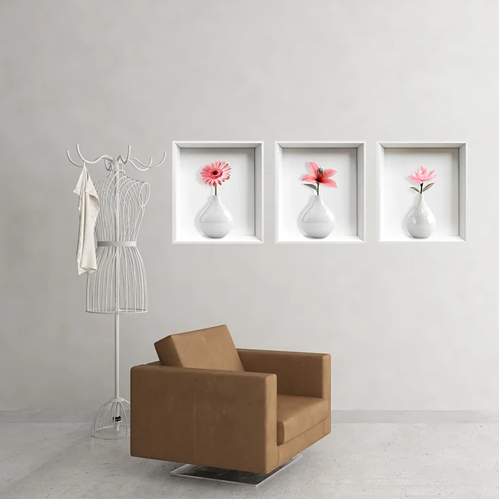 Set 3 Stickere Decorative Flori în Vaze 3D – Autocolant PVC pentru Perete 33x37 cm [4]