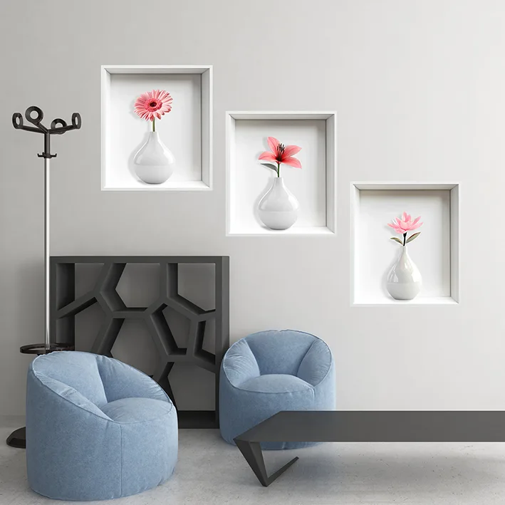 Set 3 Stickere Decorative Flori în Vaze 3D – Autocolant PVC pentru Perete 33x37 cm [5]