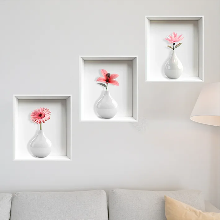 Set 3 Stickere Decorative Flori în Vaze 3D – Autocolant PVC pentru Perete 33x37 cm [3]