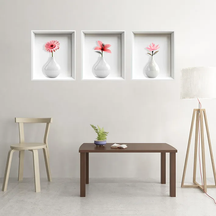 Set 3 Stickere Decorative Flori în Vaze 3D – Autocolant PVC pentru Perete 33x37 cm [2]