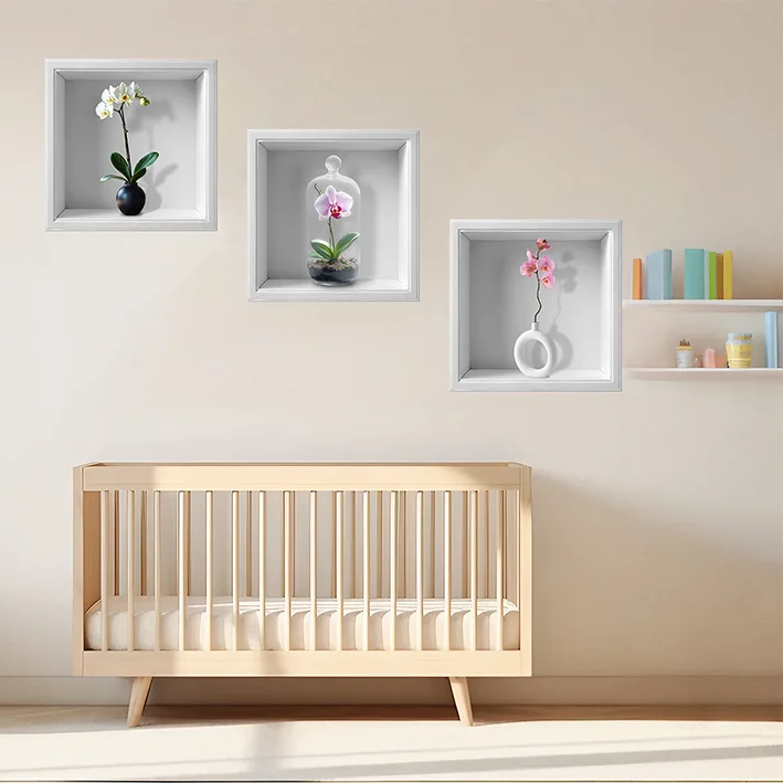 Set 3 Stickere Decorative Orhidee 3D – Autocolant PVC pentru Perete 30x30 cm [1]