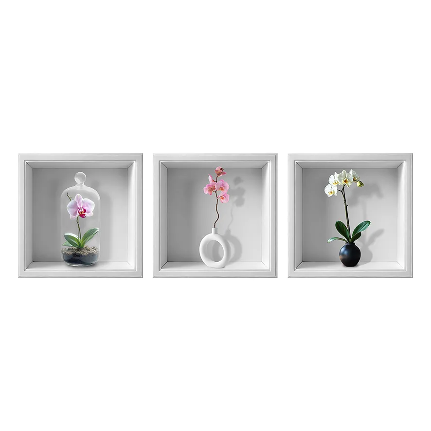 Stickere Decorative Model Floral - Set 3 Stickere Decorative Orhidee 3D – Autocolant PVC pentru Perete 30x30 cm
