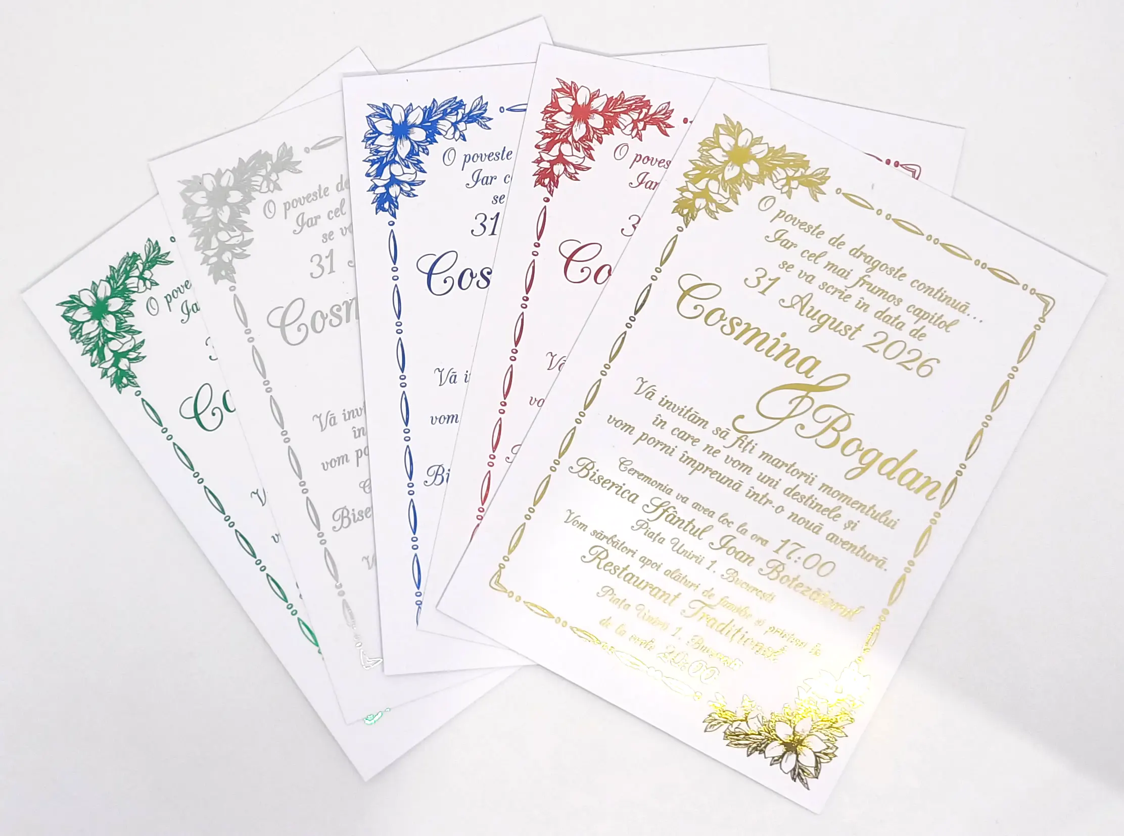 Invitatii Premium pentru Nunta - Invitatie Nunta Model 2 scris auriu, argintiu, rosu, verde, albastru
