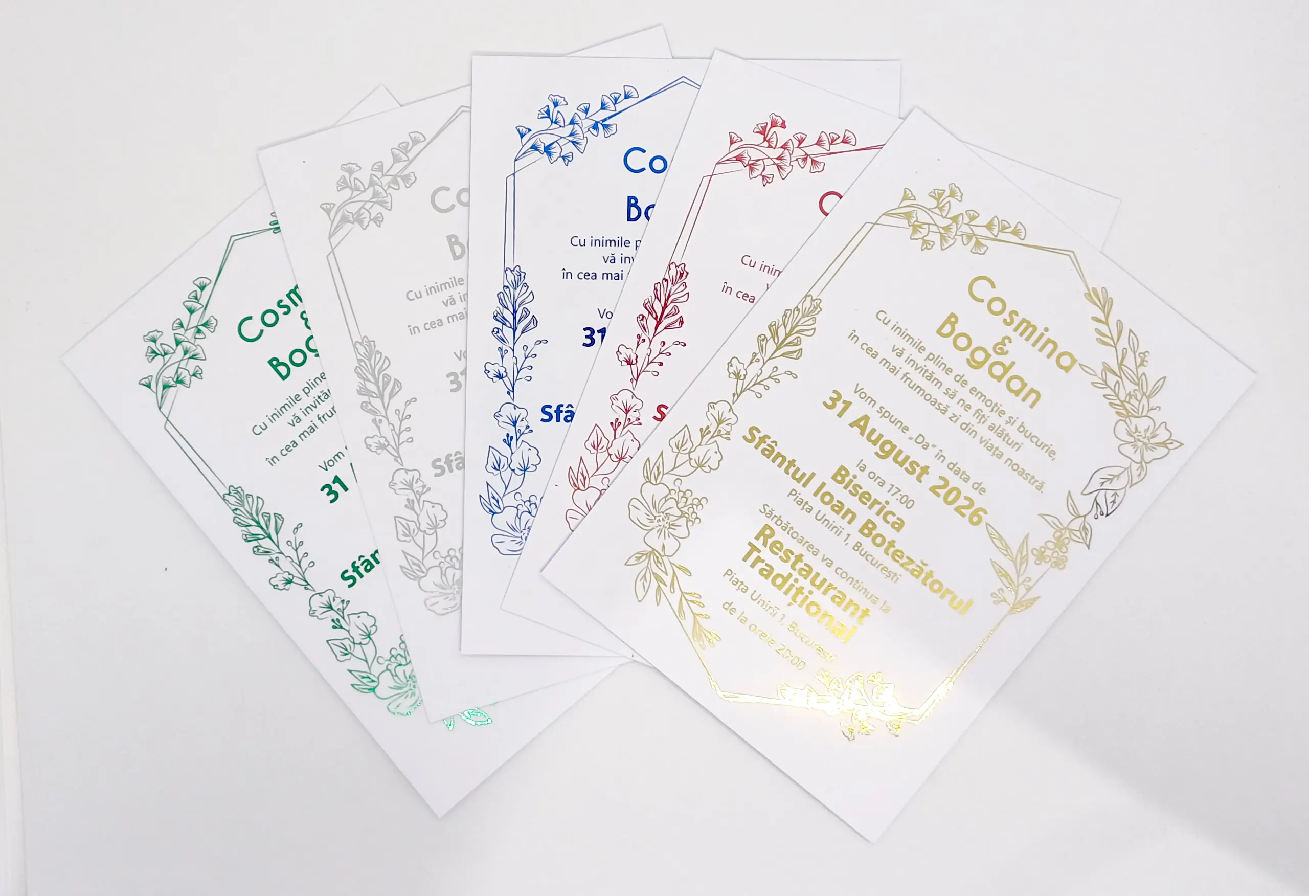 Invitatii Premium pentru Nunta - Invitatie Nunta Model 5 scris auriu, argintiu, rosu, verde, albastru