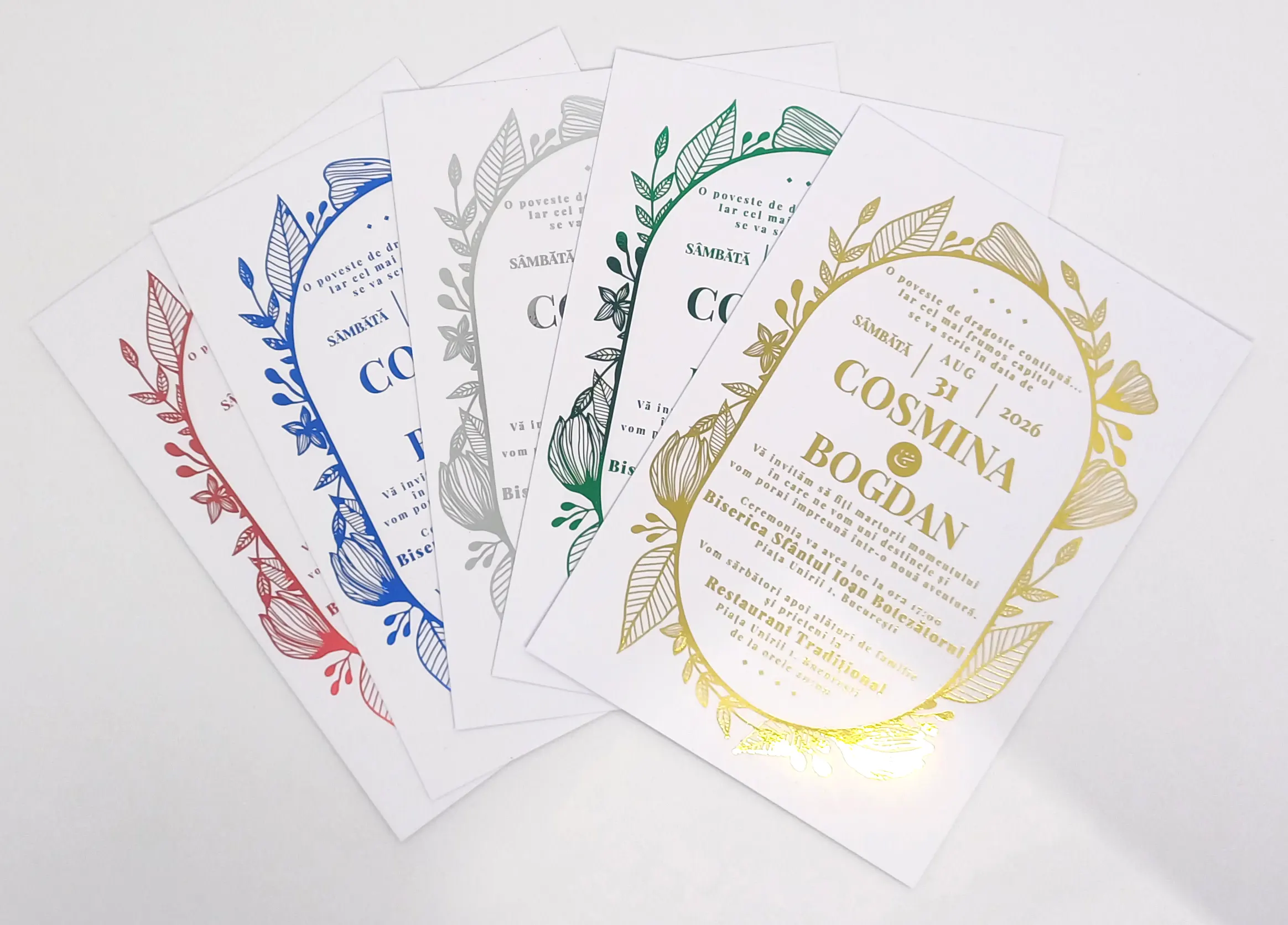 Papetarie si organizare nunta - Invitatie Nunta Model 14 scris auriu, argintiu, rosu, verde, albastru