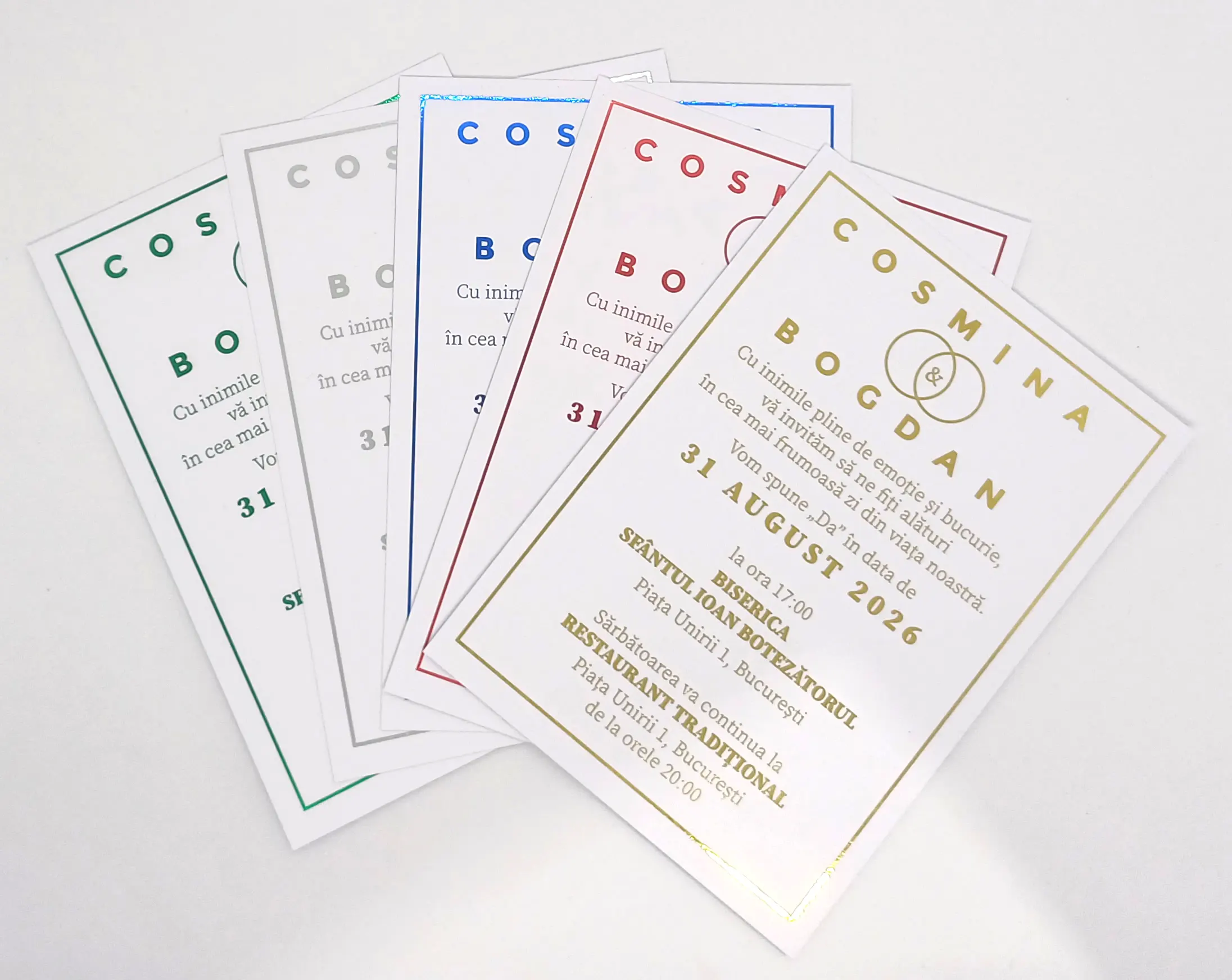 Invitatii Premium pentru Nunta - Invitatie Nunta Model 17 scris auriu, argintiu, rosu, verde, albastru