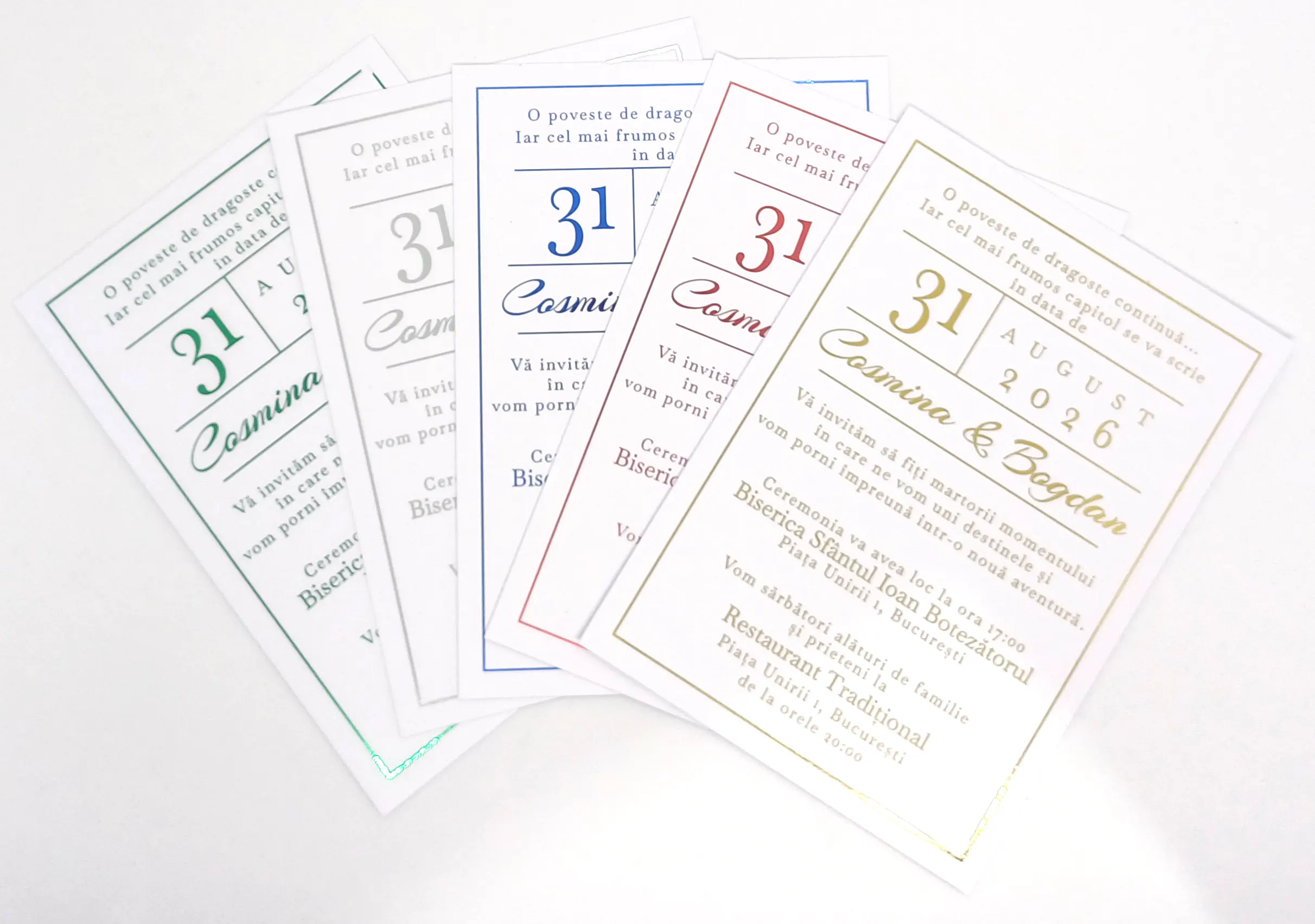 Papetarie si organizare nunta - Invitatie Nunta Model 22 scris auriu, argintiu, rosu, verde, albastru