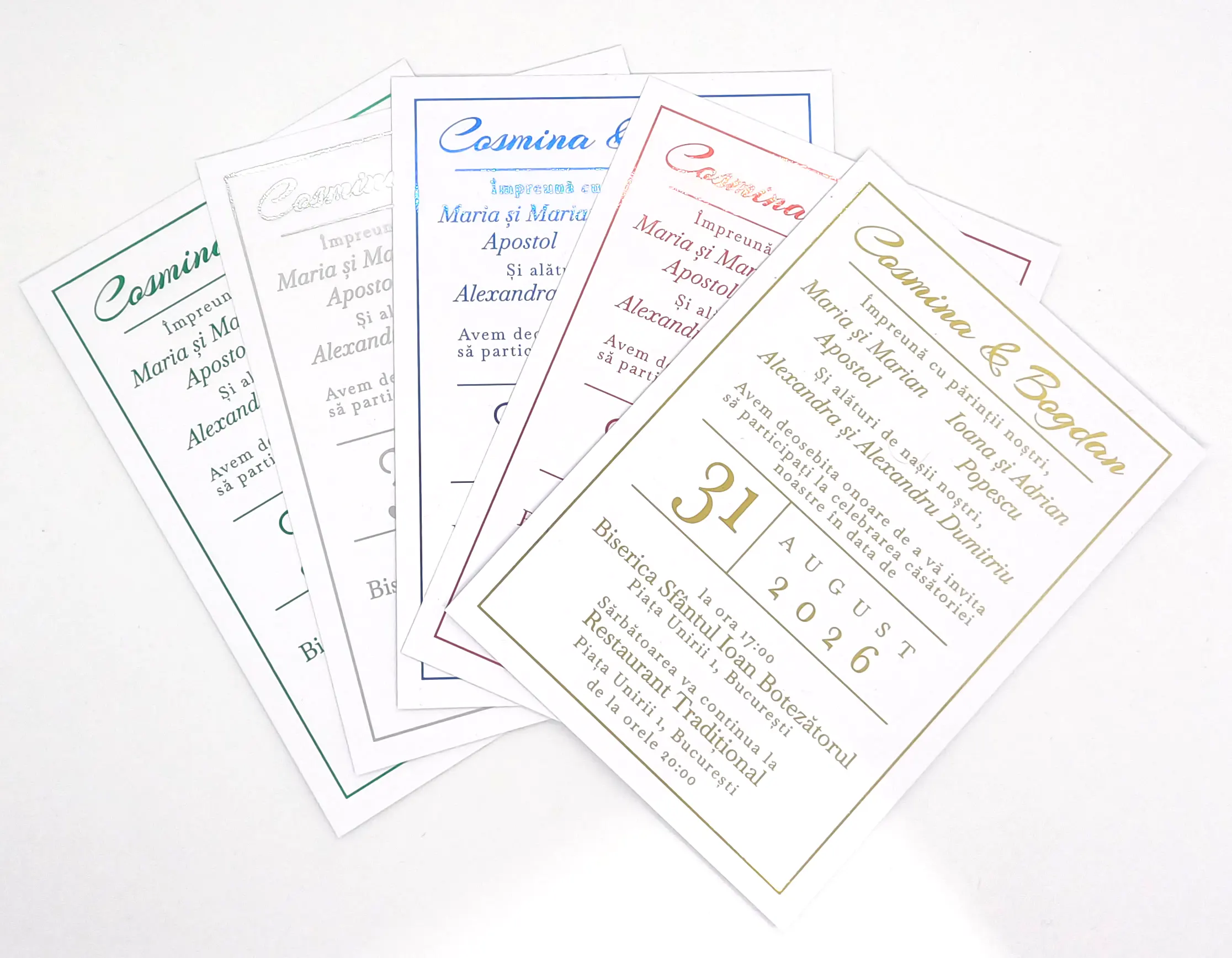 Invitatii Premium pentru Nunta - Invitatie Nunta Model 23 scris auriu, argintiu, rosu, verde, albastru