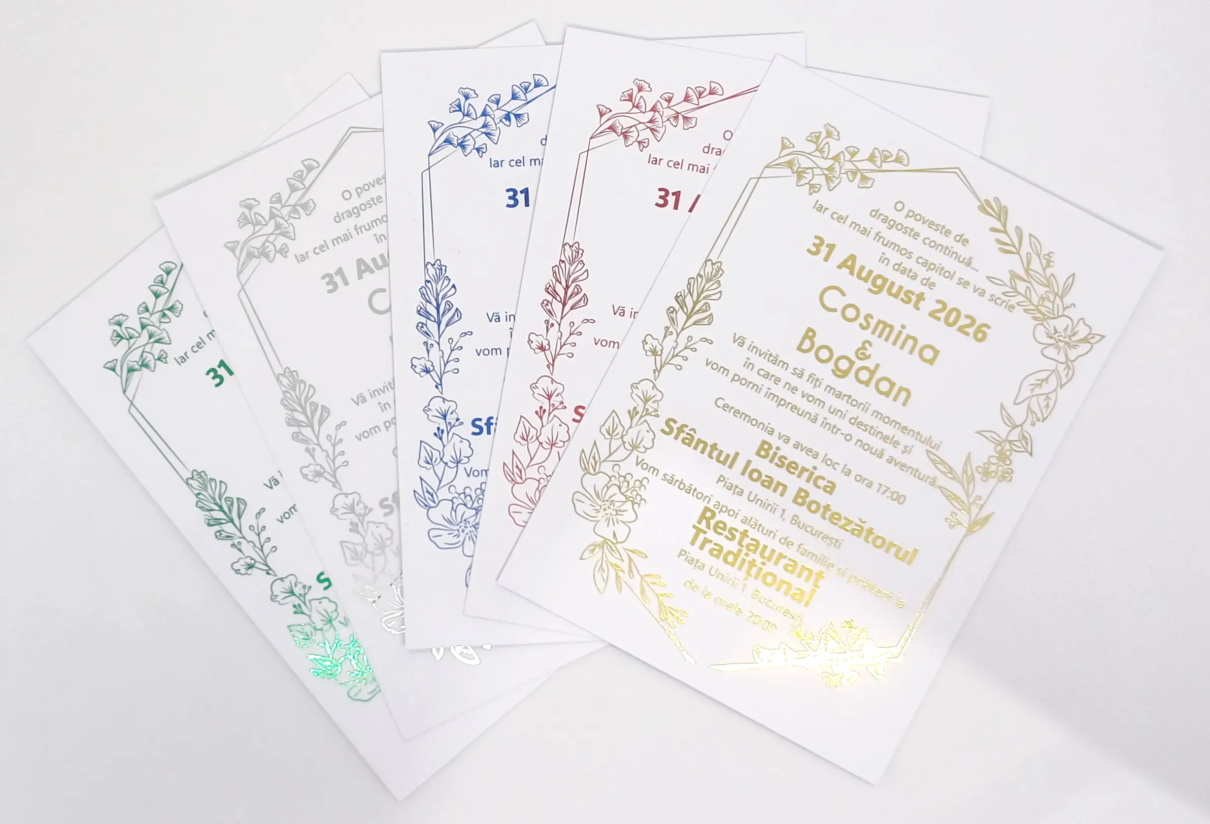 Papetarie si organizare nunta - Invitatie Nunta Model 6 scris auriu, argintiu, rosu, verde, albastru