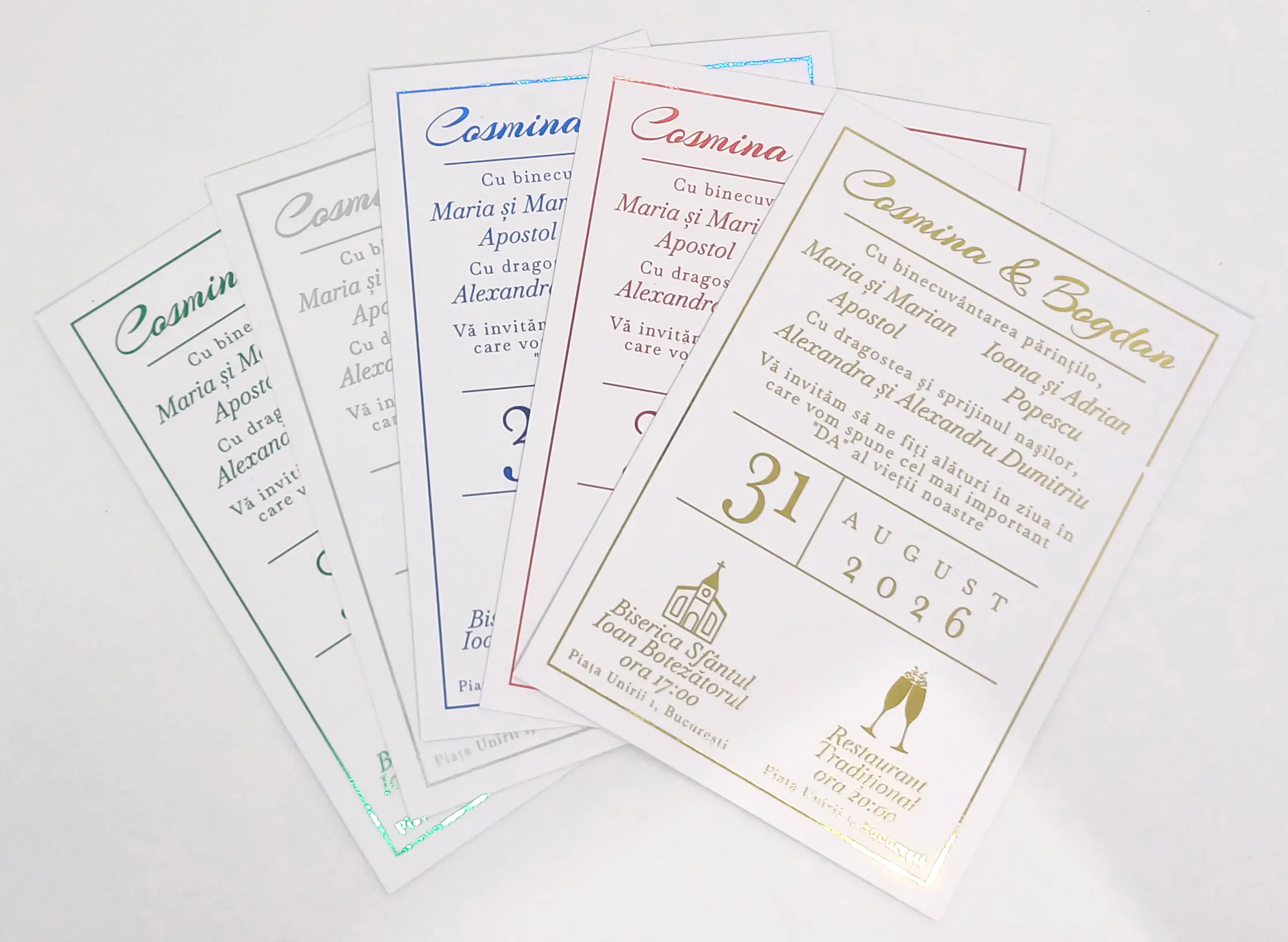 Invitatii Premium pentru Nunta - Invitatie Nunta Model 24 scris auriu, argintiu, rosu, verde, albastru