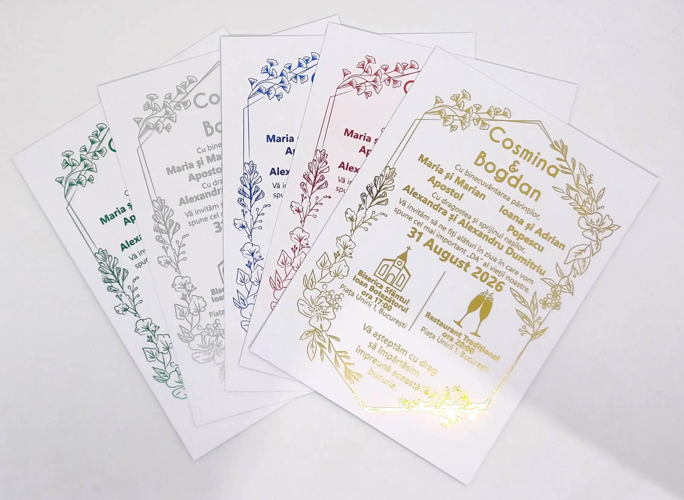 Invitatii Premium pentru Nunta - Invitatie Nunta Model 4 scris auriu, argintiu, rosu, verde, albastru