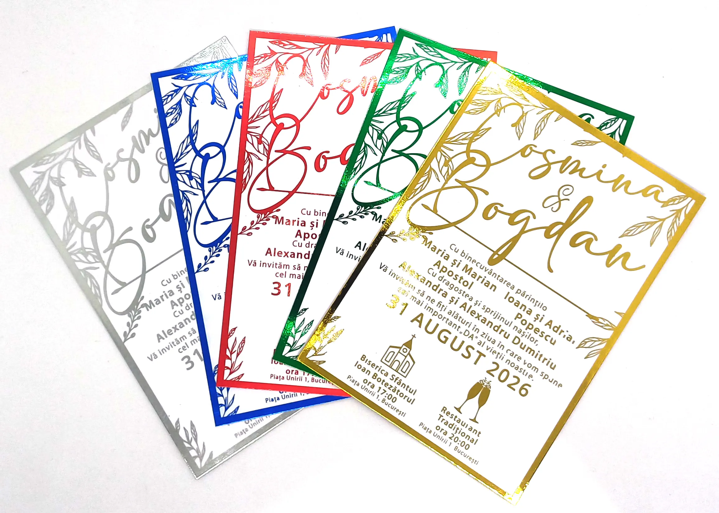 Invitatii Premium pentru Nunta - Invitatie Nunta Model 28 scris auriu, argintiu, rosu, verde, albastru
