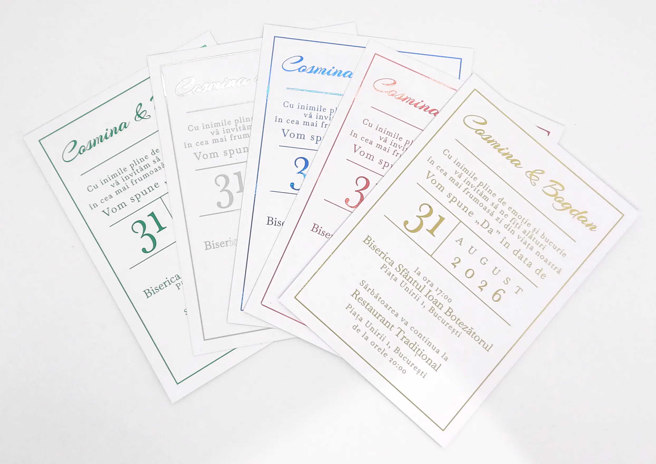 Invitatii Premium pentru Nunta - Invitatie Nunta Model 21 scris auriu, argintiu, rosu, verde, albastru