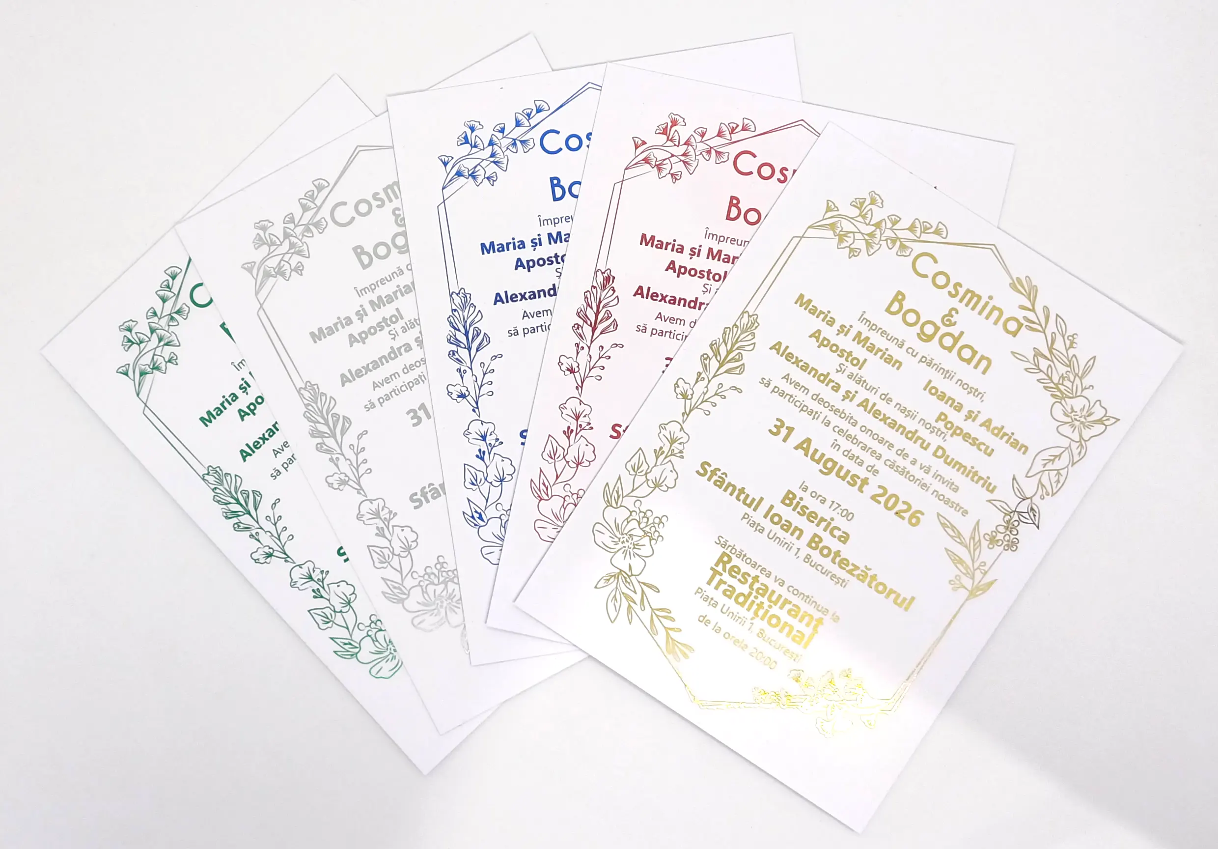 Papetarie si organizare nunta - Invitatie Nunta Model 7 scris auriu, argintiu, rosu, verde, albastru