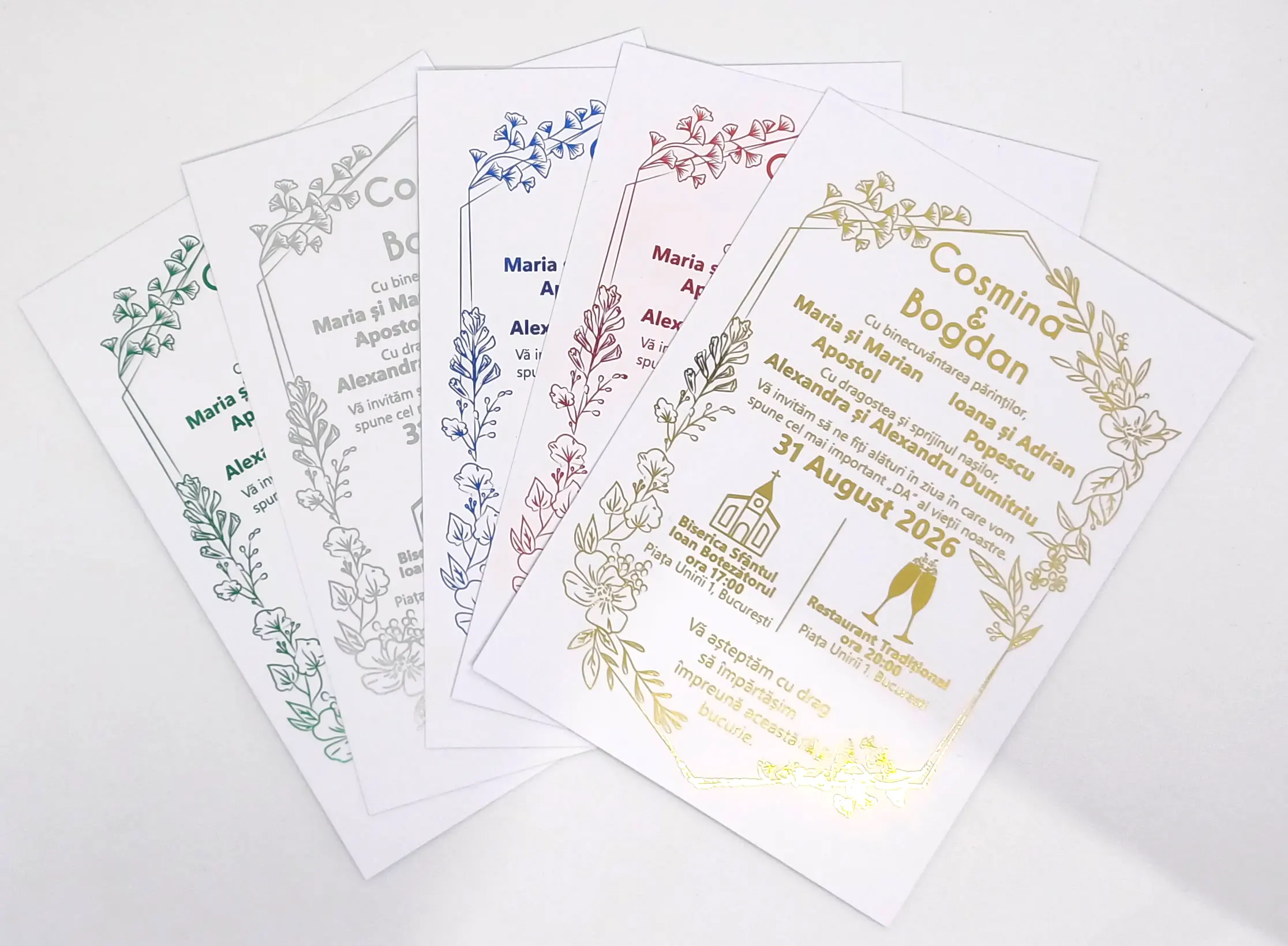 Invitatii Premium pentru Nunta - Invitatie Nunta Model 8 scris auriu, argintiu, rosu, verde, albastru