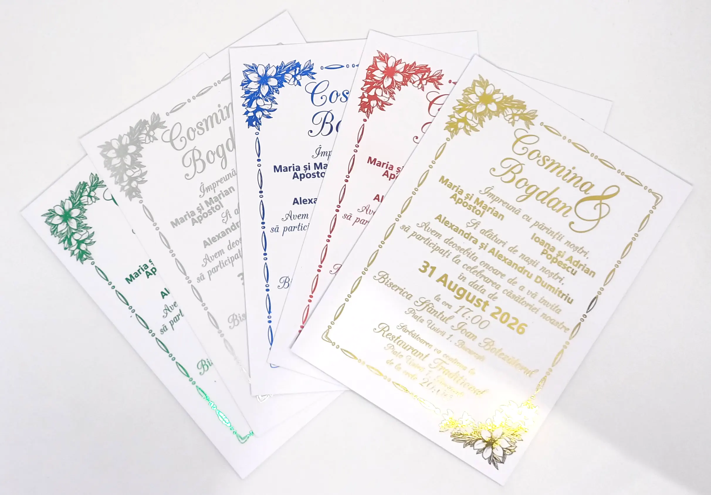 Papetarie si organizare nunta - Invitatie Nunta Model 3 scris auriu, argintiu, rosu, verde, albastru